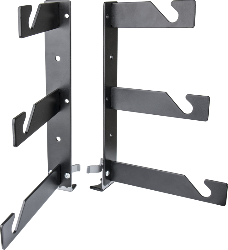 This set of hooks is designed to be mounted on a wall with screws or bolted to a pair of Convi Clamps and three Background Paper Drive Sets to support three rolls of seamless paper. Also included are Kupole spacers to support the base of the bracket.