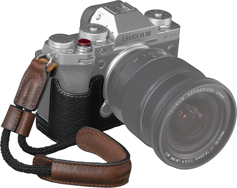 Designed to protect the camera and improve the grip experience and includes a vintage half case and a wrist strap made of leather