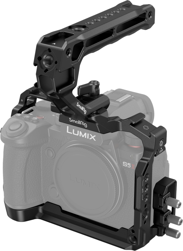 Designed to fit for Panasonic S5 II camera to assist with handheld shooting and attach accessories. It includes a cage