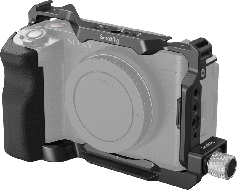 Designed to attach accessories and protect the camera and HDMI port. It includes a cage with a silicone handle and an HDMI cable clamp.