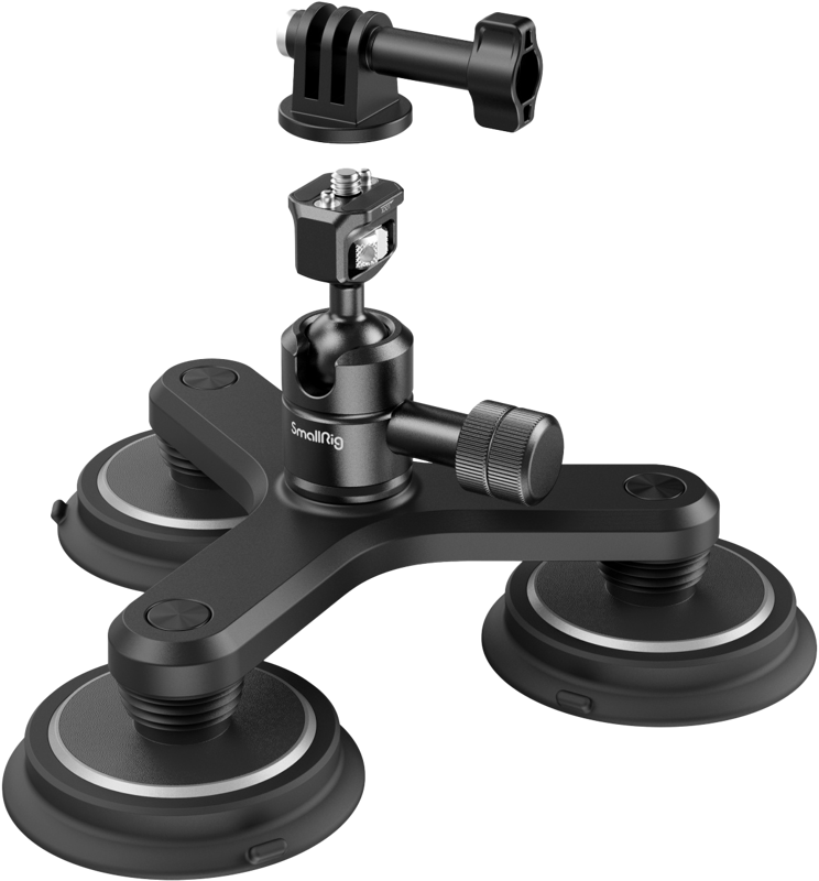 Designed to shoot car scenes using an action camera. The kit includes triple magnetic suction cups (one for each foot)