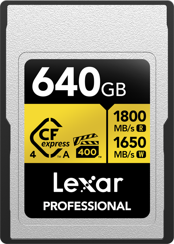 Experience the CFexpress 4.0 advantage and capture 8K raw cinema-quality video with the 640GB Professional GOLD CFexpress 4.0 Type A Memory Card from Lexar