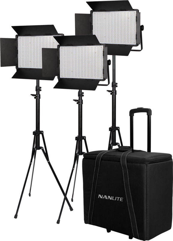Lighting kit composed of 3 Nanlite 1200CSA Colour adjustable LED panel with VLOCK battery feature and Barn Doors