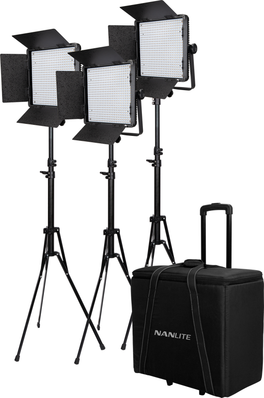 Lighting kit composed of 3 Nanlite 600DSA DMX LED Panel With VLOCK Battery Feature and Barn Doors.