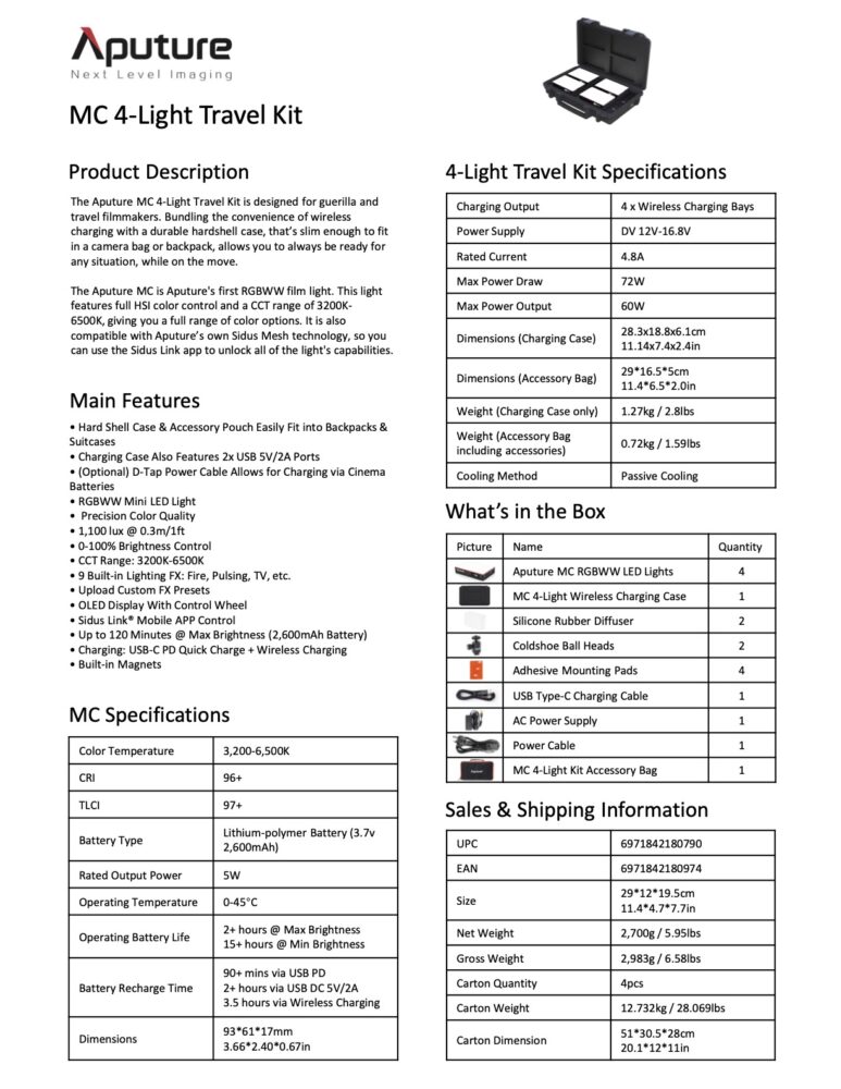 APUTURE MC 4-light travel kit