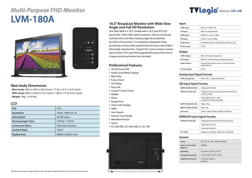 18.5" TVLOGIC LVM-180A FHD studio monitor