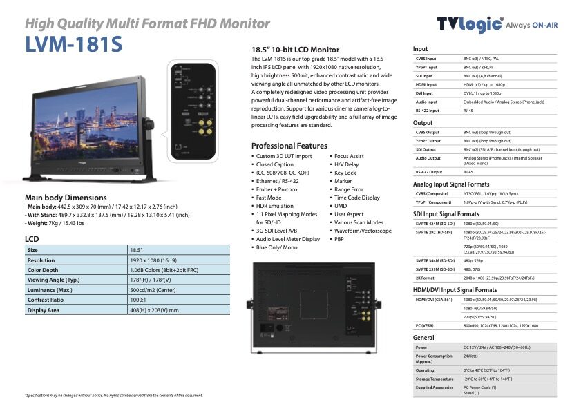 18.5" TVLOGIC LVM-181S FHD studio monitor