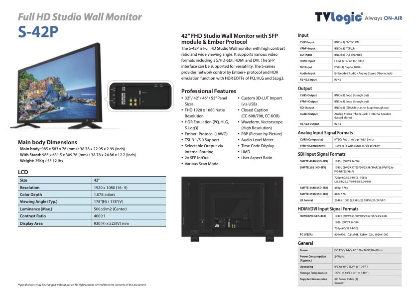 32" TVLOGIC S-32P FHD studio wall monitor