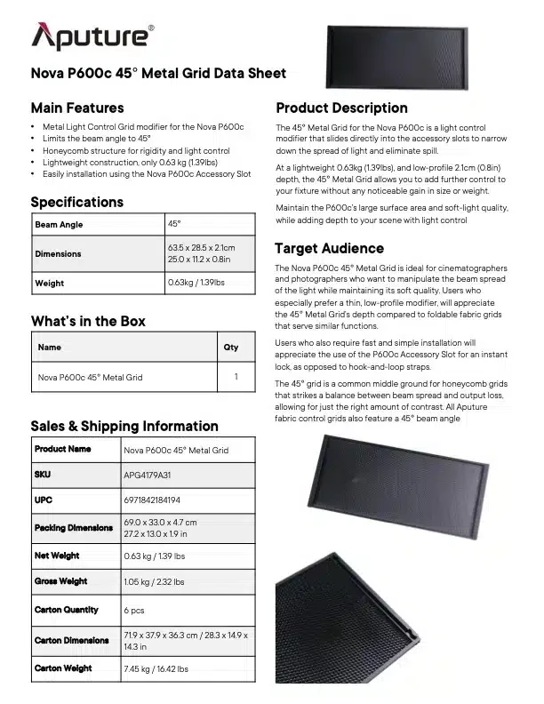 APUTURE Nova P600c 45° Metal Grid