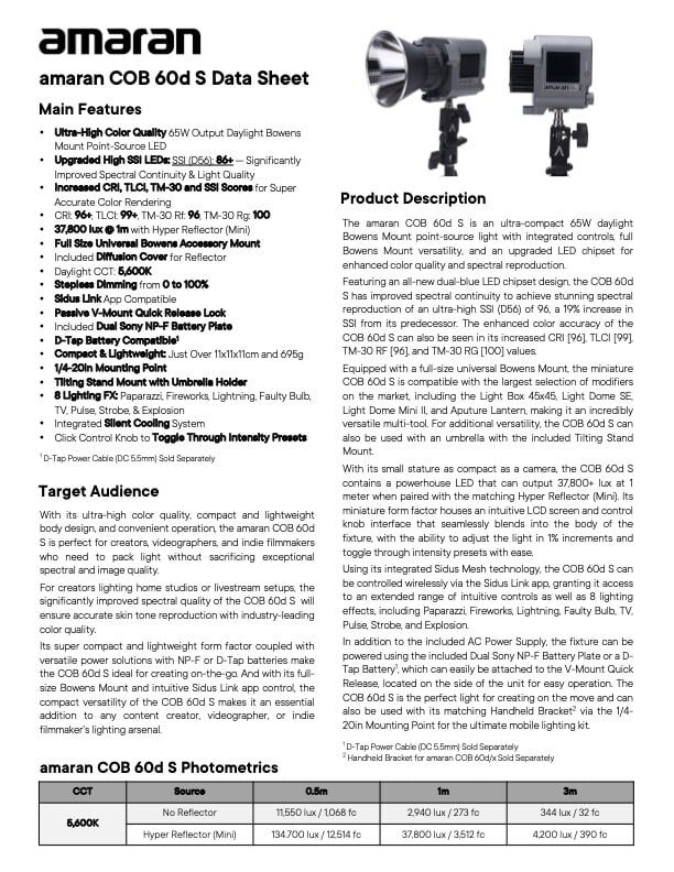 AMARAN COB 60d S ultra-compact daylight LED video light