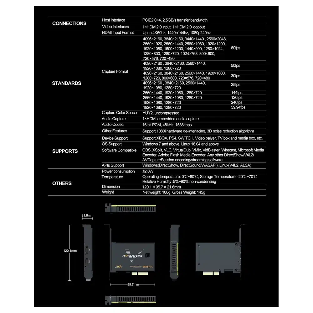 AVMATRIX VC12-4K 4K HDMI PCIE Capture Card