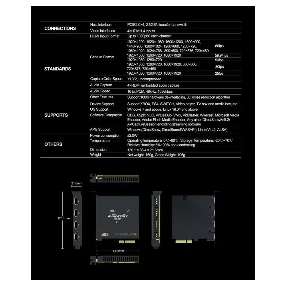 AVMATRIX VC42 4-CH HDMI PCIE Capture Card