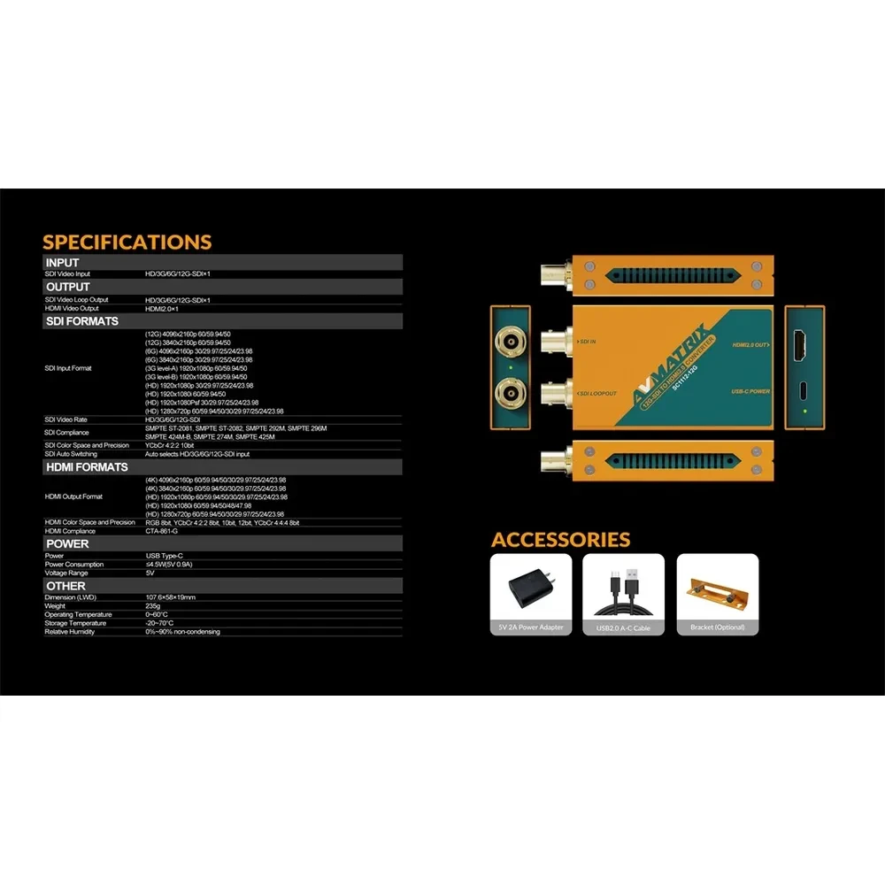 AVMATRIX SC1112-12G 12G-SDI to HDMI2.0 4K broadcast converter