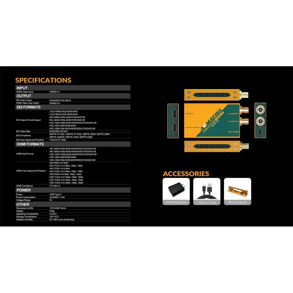 AVMATRIX SC1221-12G HDMI2.0 to 12G-SDI 4K broadcast converter