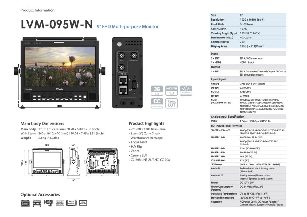 9" TVLOGIC LVM-095W-N FHD 3G LCD monitor