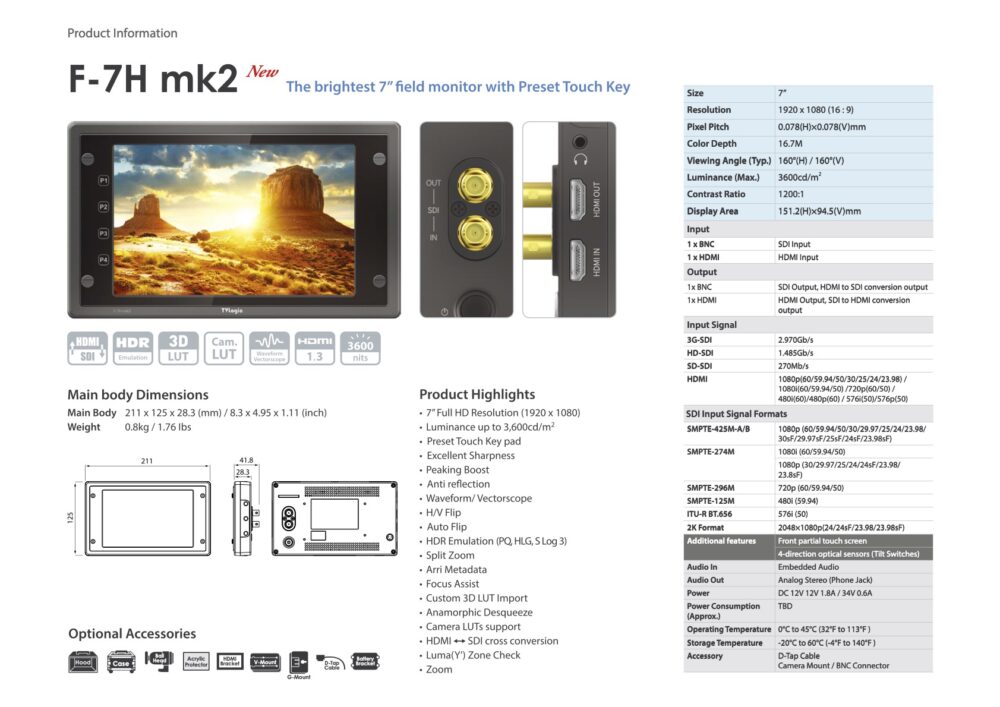 7" TVLOGIC F-7H mk2 FHD high brightness field monitor, cross conversion