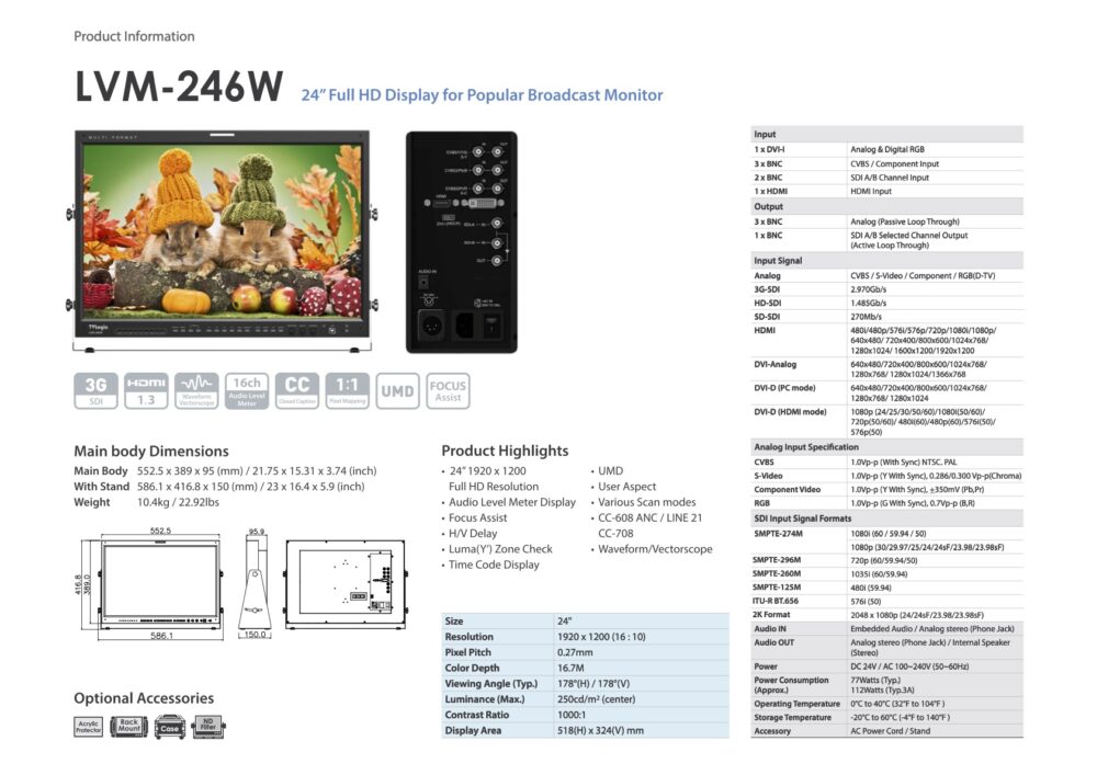 24" TVLOGIC LVM-246W 3G LCD monitor HD/SD