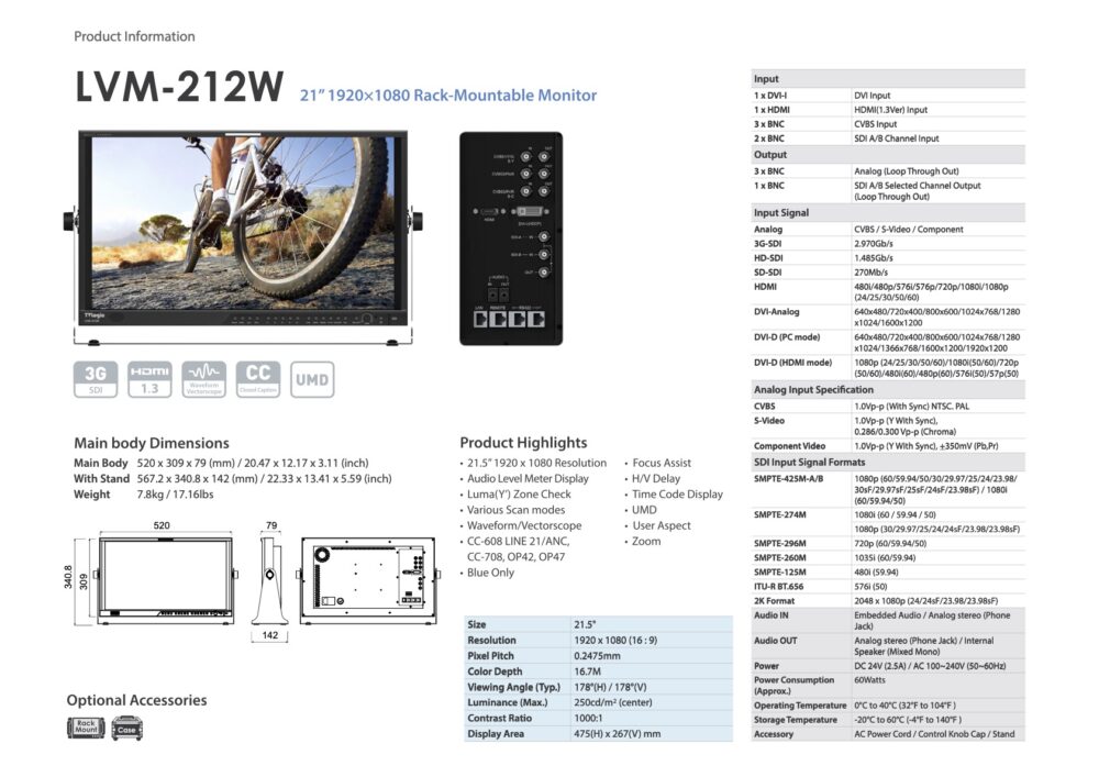 21.5" TVLOGIC LVM-212W 3G multi-format LCD monitor