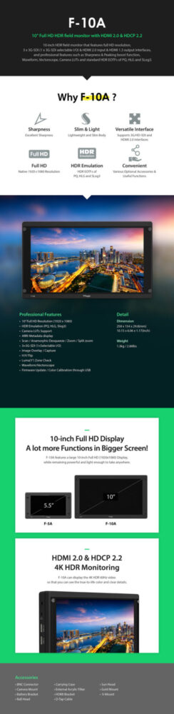 10" TVLOGIC F-10A FHD field monitor, SDI/HDMI, cross conversion