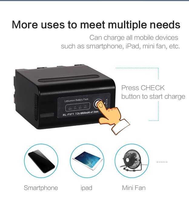 Sony NP-F seeria asendusaku ROLUX YC-F971, 6600mAh, USB in/out