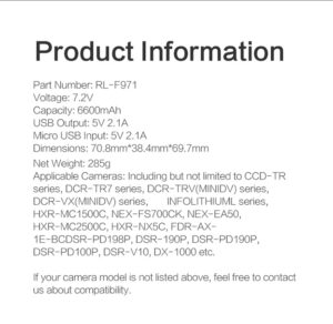 Sony NP-F seeria asendusaku ROLUX YC-F971, 6600mAh, USB in/out