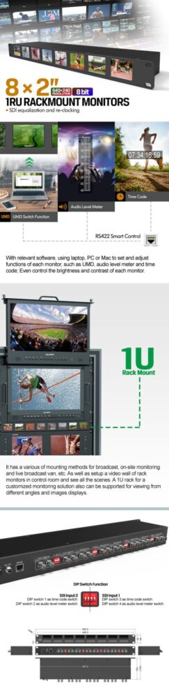 2" LILLIPUT RM-0208S 1RU rackmount 8 monitor panel system, 3G-SDI