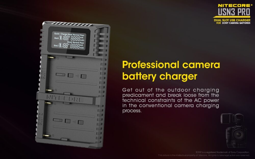 Nitecore USN3 PRO dual slot digital USB charger for Sony NP-F series batteries
