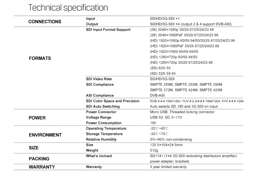 AVMATRIX SD1141 1×4 SDI reclocking distribution amplifier