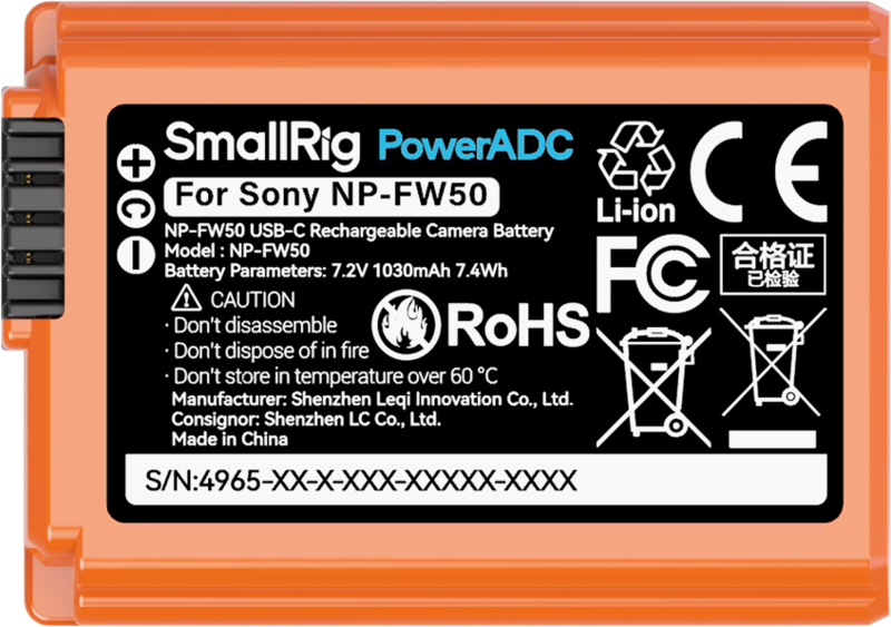 SMALLRIG 4965 NP-FW50 USB-C Rechargeable Camera Battery Orange