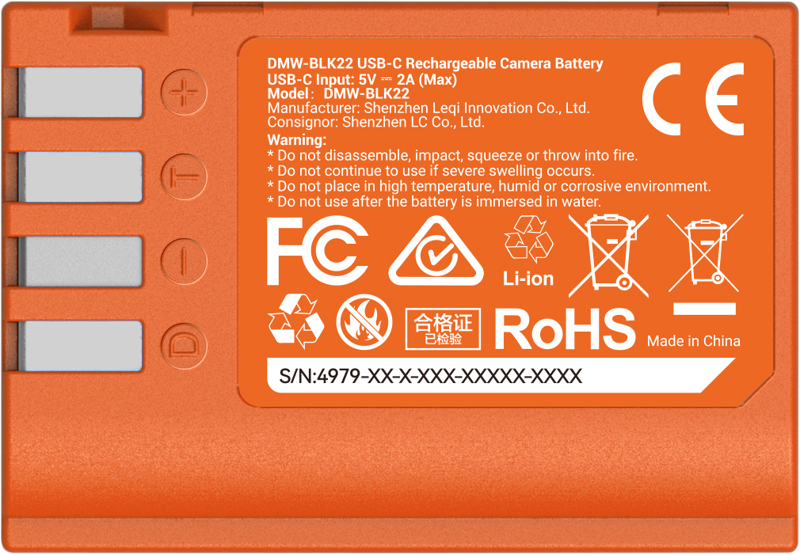 SMALLRIG 4979 Camera Battery USB-C Rechargeable DMW-BLK22 Orange