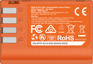 SMALLRIG 4979 Camera Battery USB-C Rechargeable DMW-BLK22 Orange