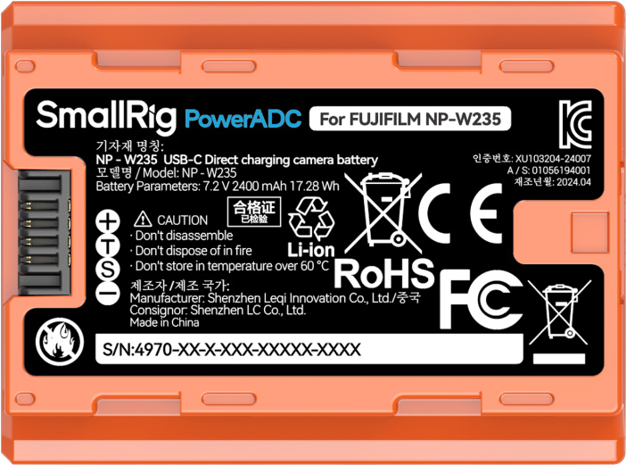 SMALLRIG 4970 NP-W235 USB-C Rechargeable Camera Battery Orange
