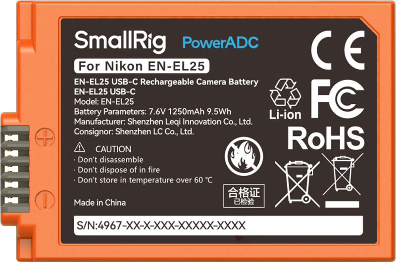 SMALLRIG 4967 EN-EL25 USB-C Rechargeable Camera Battery Orange