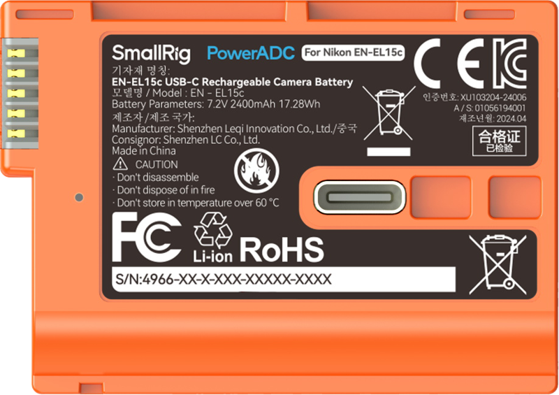 SMALLRIG 4966 EN-EL15c USB-C Rechargeable Camera Battery Orange