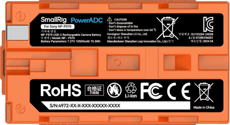 SMALLRIG 4972 NP-F970 USB-C Rechargeable Camera Battery Orange