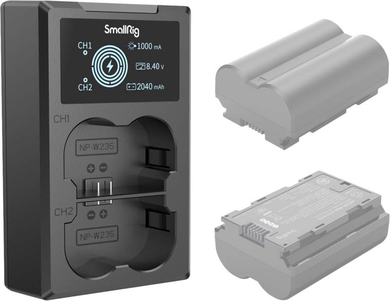 which can charge two batteries at the same time. The LCD screen displays the charging voltage