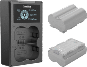 which can charge two batteries at the same time. The LCD screen displays the charging voltage