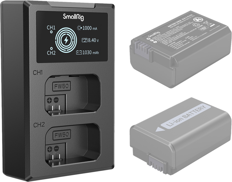 which can charge two batteries at the same time. The LCD screen displays the charging voltage