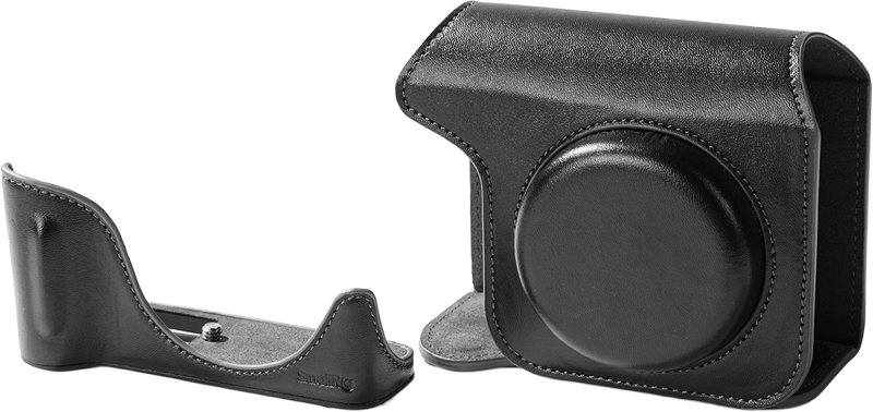 complete with a suede-lined interior to protect the camera and lens from scratches. The half case attaches seamlessly to the full case using a combination of magnetic attraction and Velcro.