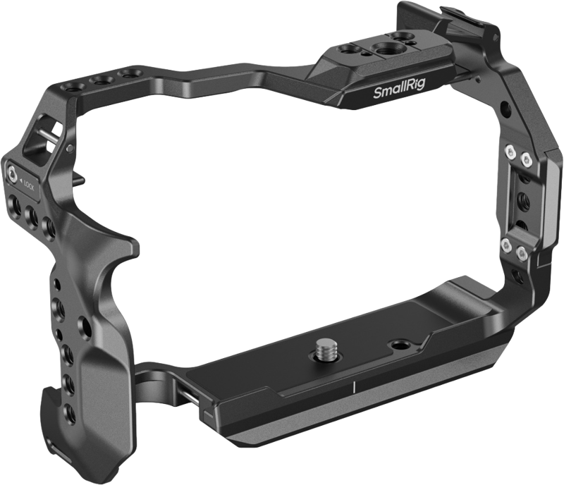 screen and battery door and comes with multiple accessory mounts. It has a built-in Arca-Swiss quick-release plate on the bottom.