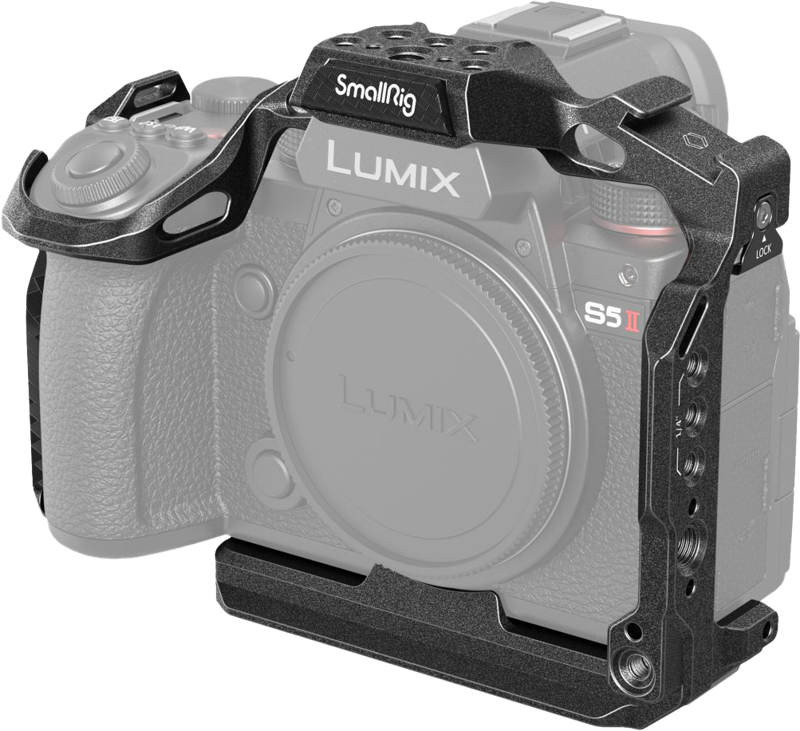 Designed for Panasonic Lumix S5 II to protect camera and attach accessories. It locks the camera via one bottom 1/4"-20 screw and two side lock adapters