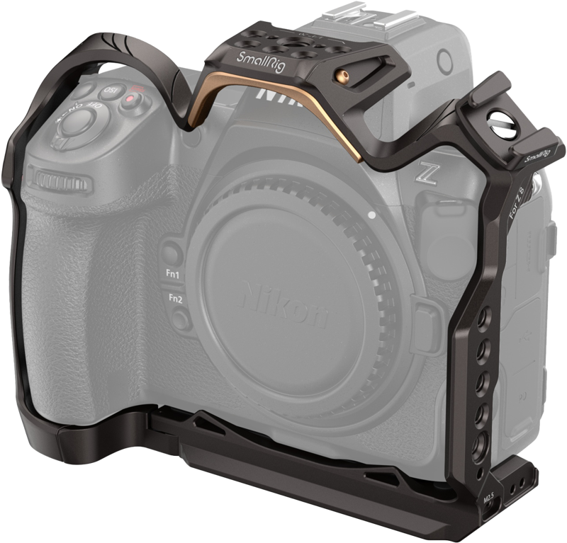 Designed to protect the camera and attach accessories. It features a brand-new design: Gun brown curves interspersed with gold to supplement the classic style of the Nikon Z 8.