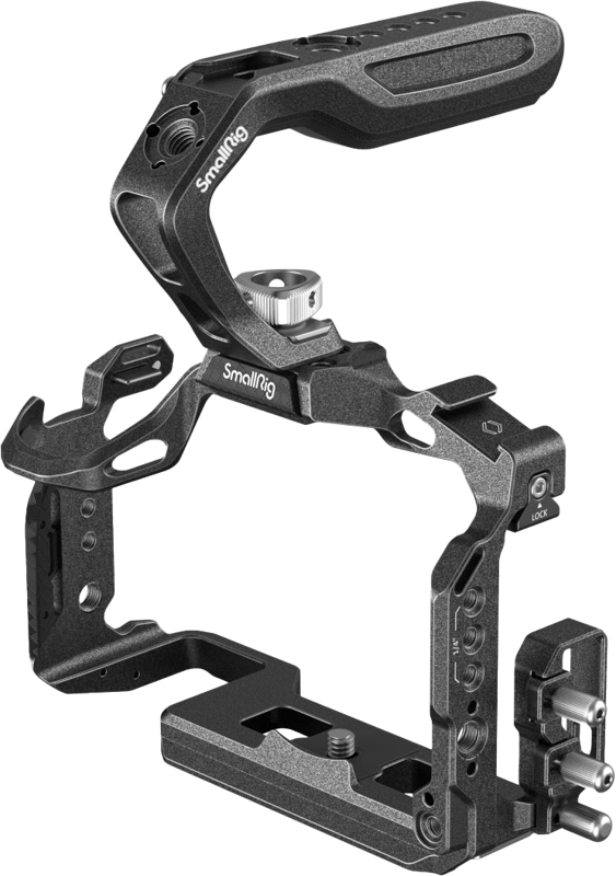 a HDMI &amp USB-C cable clamp and a top handle which feels comfortable and facilitates camera movement and low-angle shot. The streamlined cage with clear edges gives full access to all top controls and the cable clamp can fix HDMI &amp USB-C cables.