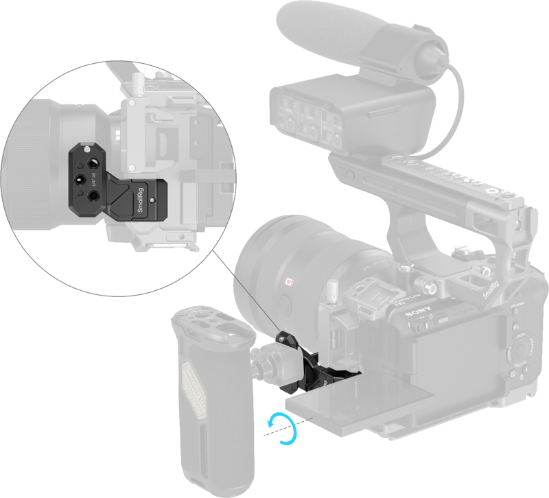 creating ample space between the camera and the handle to not obstruct the usage of the LCD flip screen or the left-side connections.