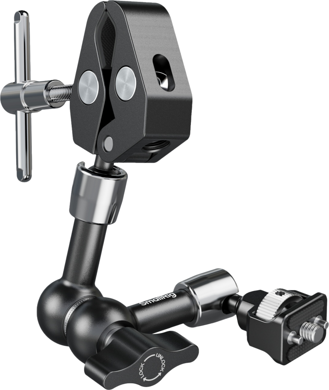 Consists of a magic arm and a crab-shaped clamp. One end features a 1/4"-20 screw and retractable pins