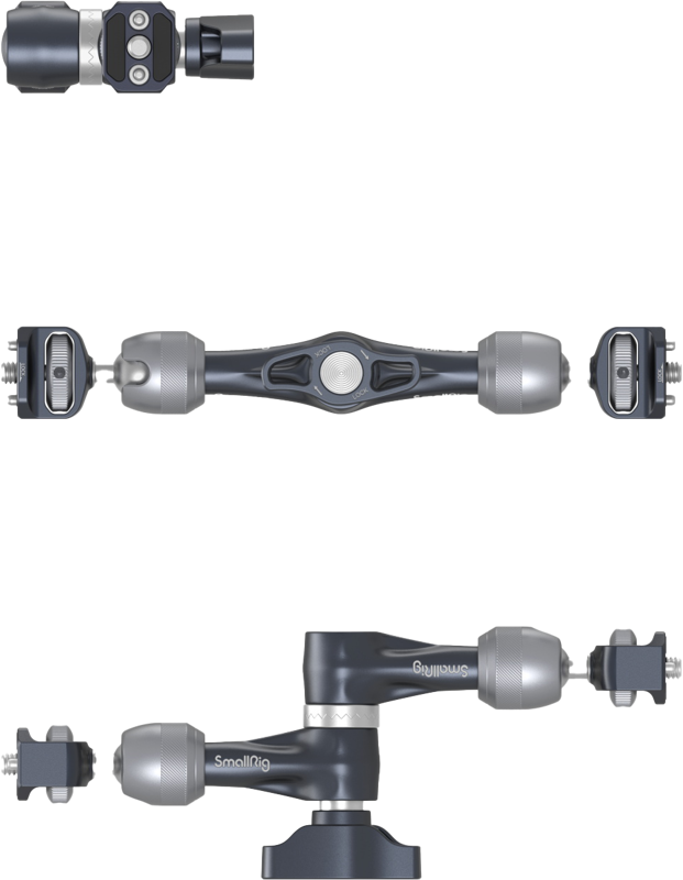 features 1/4"-20 screws and stretchable pins at both ends for securely attaching such accessories