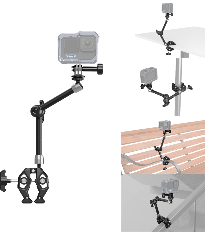 and an action camera mount. One end of the kit features a 1/4"-20 screw for mounting an action camera