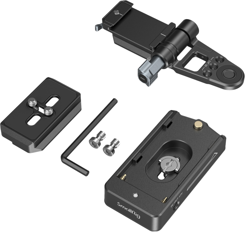 this kit uses an Arca-type quick release plate to secure it to almost any mirrorless camera. It features a hinged clamp and an NP-F/L-series battery plate