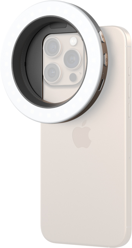 A lightweight ring fill light designed for versatile applications. It can be easily attached to a phone case or cage using the 67mm threaded adapter