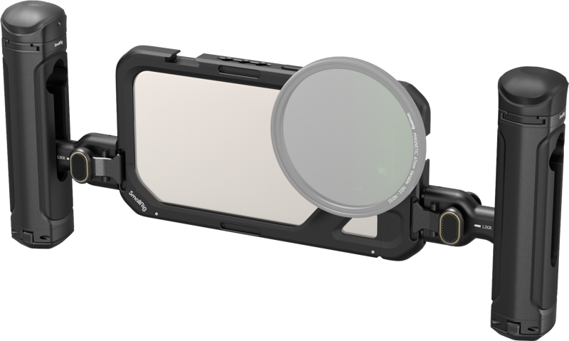 Dedicated two-handed video kit for iPhone 15 Pro with two side handles for more stable videoing. The wireless control handle allows “one-click” shooting.